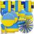 Blau-gelbes Dekoset mit zahlreichen Dekoartikel im Design der Ukraine Flagge.