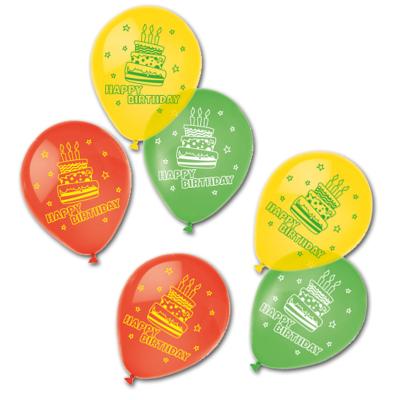 Geburtstags Luftballons mit Happy Birthday Aufdruck und Geburtstagstorte Motiv.