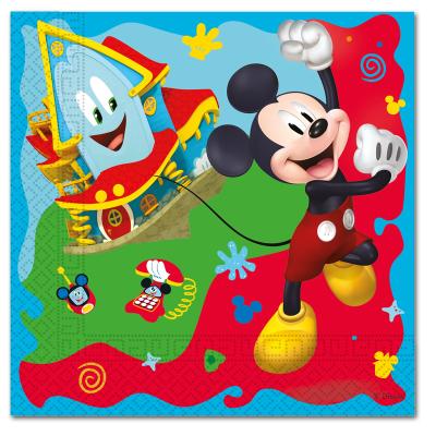 Bunte Kindergeburtstag Servietten mit Mickey Mouse Motiv und Abmessungsanzeige.
