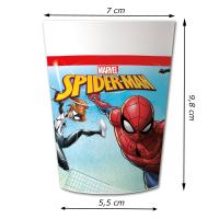 Weiße Mehrwegbecher mit bunten Spiderman Motiven und Größenangaben.