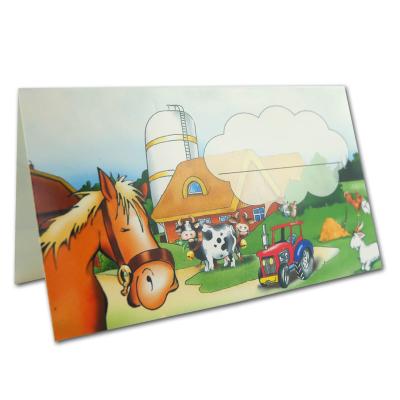 Kindergeburtstag Bauernhof Tischkarten mit Tiermotiven und Größenangaben.