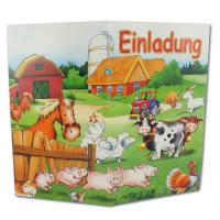 Kindergeburtstag Bauernhof Einladungskarten aus Kartonpapier mit bunten Tiermotiven und inklusive Papierumschlag.