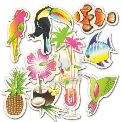 Bunte Tischdeko aus Karton mit bunten Ananas, Hibiskusblüte, Tukan, Fische, Palmen, Cocktail, Kolibri, Papagei, Kokosnuss Motiven.