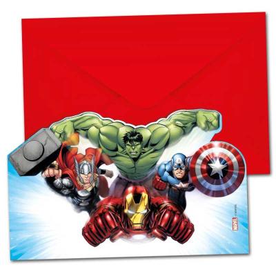 Großansicht der Einladungskarten für den Kindergeburtstag mit Avengers Motiven von Hulk, Thor, Iron Man und Captain America.