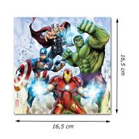 Papierservietten mit Motiven der bekanntesten Avengers und Größenangaben, passend für jede Superhelden Kindergeburtstag Mottoparty.