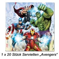 Packung mit 20 Avengers-Servietten, farbig bedruckt mit Captain America, Hulk, Thor und Iron Man