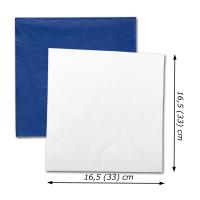 Papierservietten in den Farben blau, weiß und mit Größenangaben.
