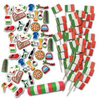 Originelle Italien Tischdekoration mit grün-weiß-roten Luftschlangen, Italien Flagge Fahnenpickern und italienischen Tischdeko Motiven als Streudekoration.