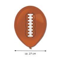 Braune Luftballons mit American Football Aufdruck und Größenangabe.