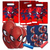Detailansicht der Spiderman Kindergeburtstag Deko mit Partymasken Spiderman, Einladungskarten, Partytaschen und Luftschlangen.