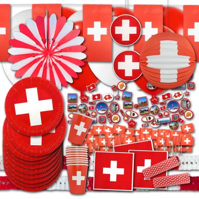 Umfangreiches Partyset Schweiz mit Partydeko und Partygeschirr rot-weiß mit Schweizer Kreuz Motiven.