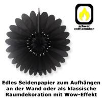 Schwarze Partydeko Rosette (Dekofächer) aus schwer entflammbarem Papier und Karton mit Beschreibung