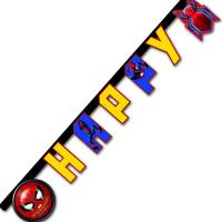Teilansicht der Spiderman Kindergeburtstag Buchstabengirlande mit dem Schriftzug HAPPY und Spiderman Motiv aus Karton.